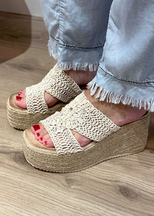Beige crochet wedge heel
